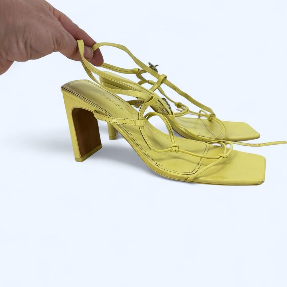 Pale Lime Yellow Leather Strappy Block Heel Sandals Square Toe Slingbacks
